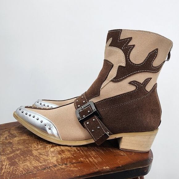 Boho Western Cowboy Boots Women's Pointed Toe Buckle Detail 8 40 Brown - Picture 3 of 10